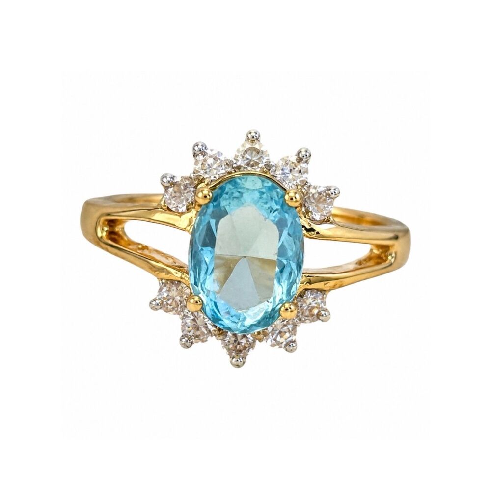 Vintage 1970s Cocktail Ring Size 8 Blue CZ 14KT Gold Plated - 14X